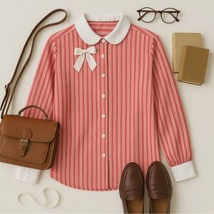 Vintage 70s Watermelon Red Stripe
Blouse White Peter Pan Collar | Coquette L